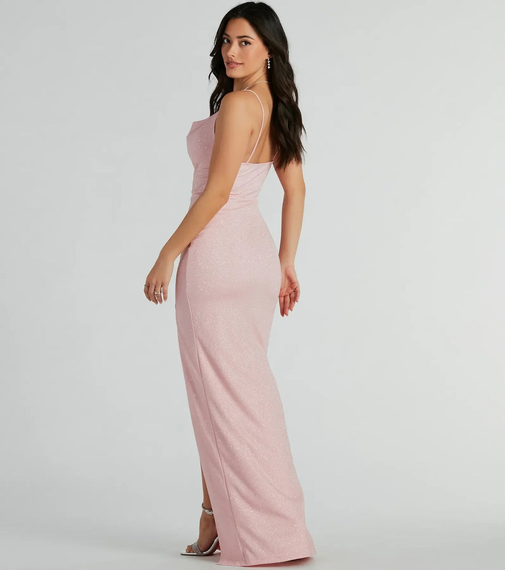 Shelly High Slit Glitter Knit Formal Dress