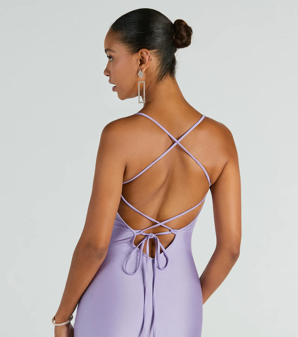 Natalie Cowl Neck Lace-Up Slit Column Dress