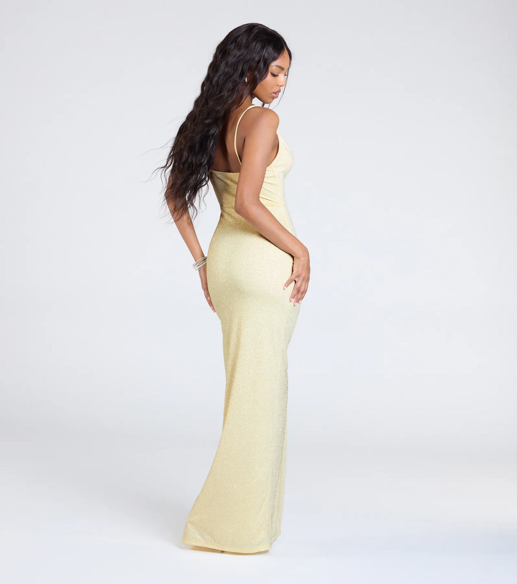 Shelly High Slit Glitter Knit Formal Dress