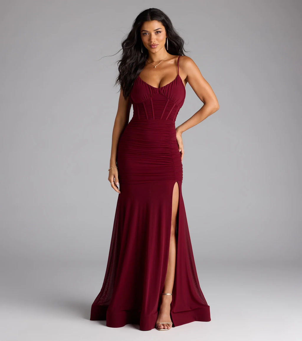 Cesca Corset Slit Mesh Formal Dress