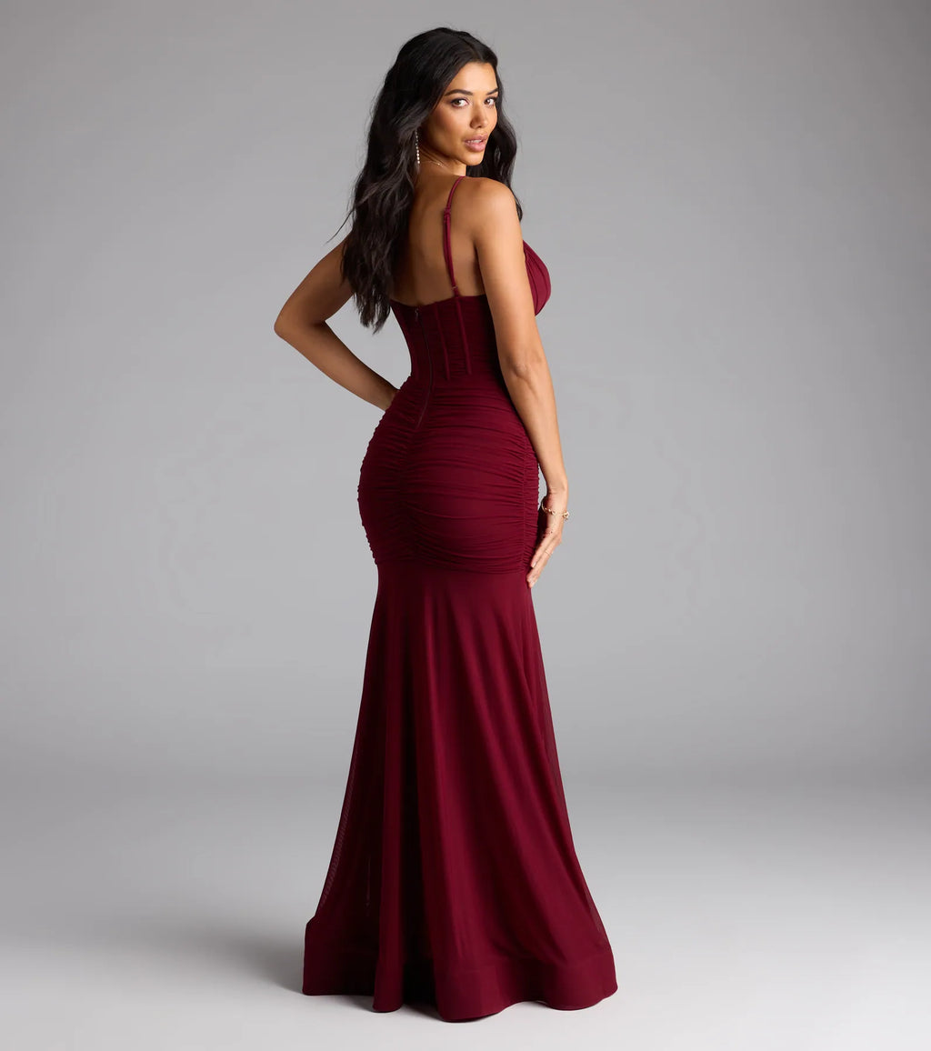 Cesca Corset Slit Mesh Formal Dress