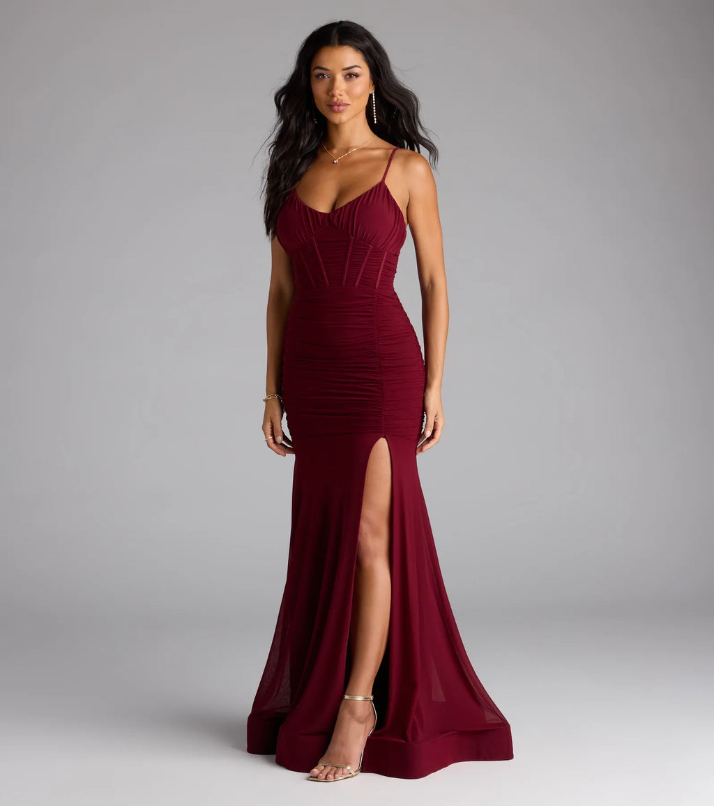 Cesca Corset Slit Mesh Formal Dress